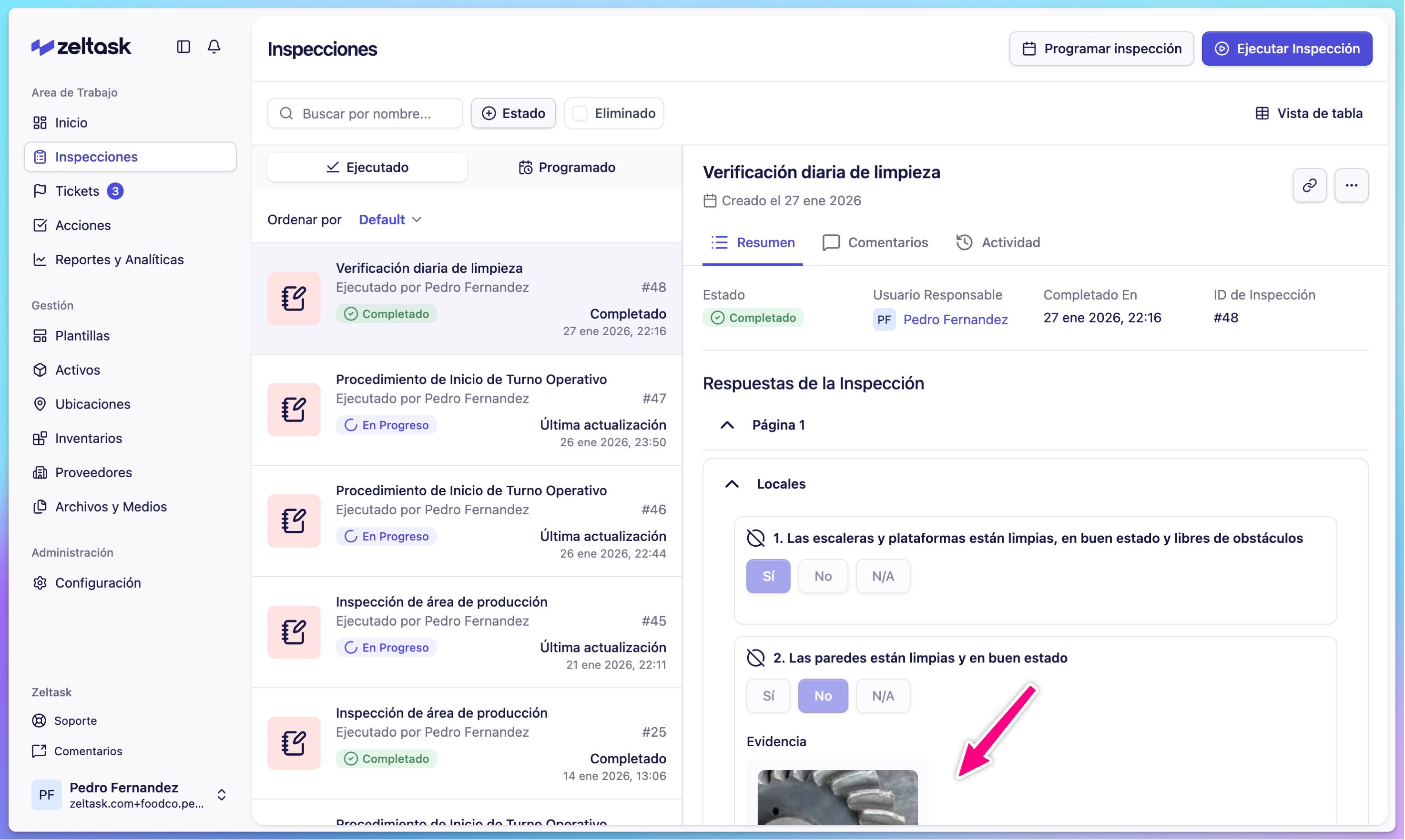 Completed inspection card showing date, template name, and status